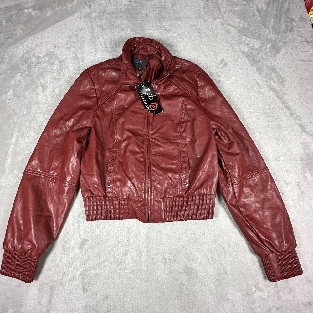 Red Snap Faux Leather Bomber Jacket Womens Large Red Beaded Detail Mock Neck